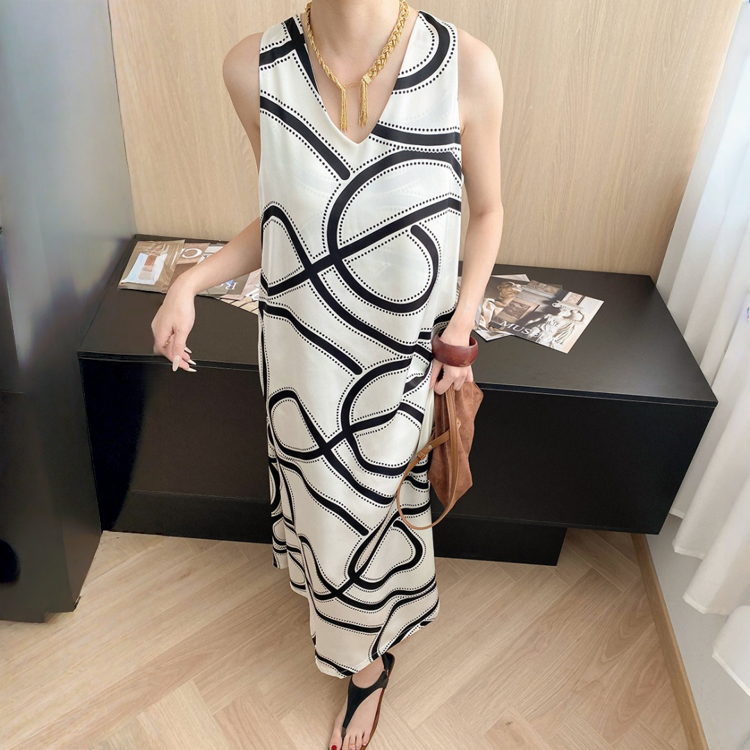 【ワンピース】夏 	オールドマネースタイル ラインプリント Vネック ノースリーブワンピース【SNシリーズ】