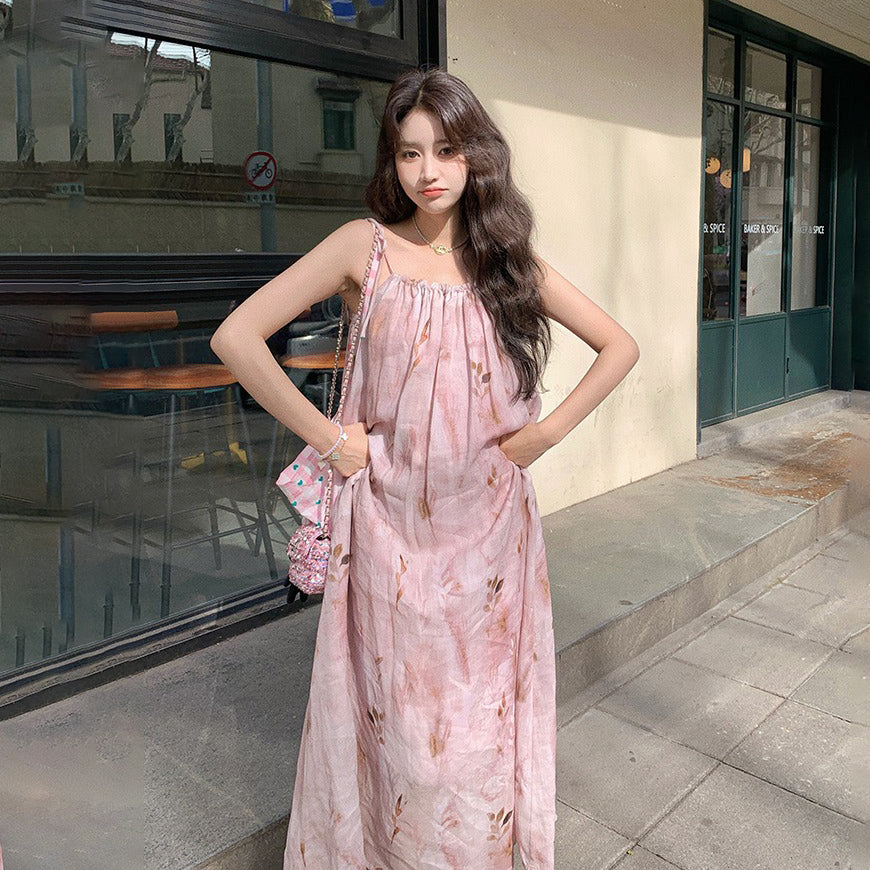 【ワンピース】夏 優しい風  水墨プリント ノースリーブワンピース【SHシリーズ】