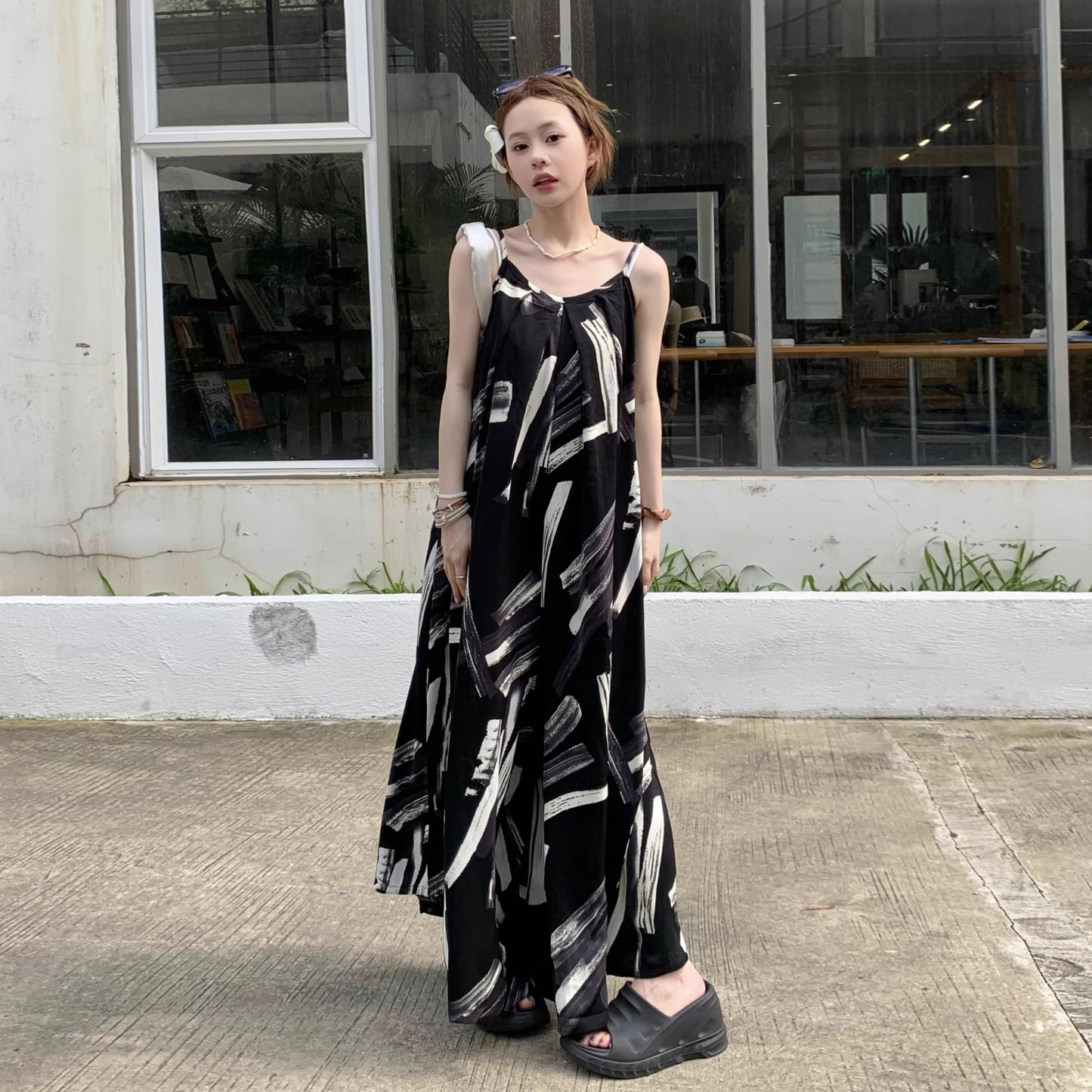 【ボトムス】夏新作 レトロ感漂う オーバーサイズ アートプリント キャミサロペット オールインワン【SHシリーズ】