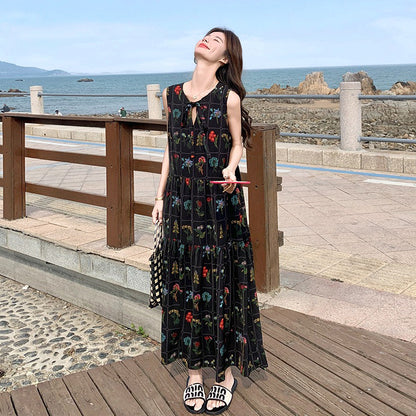 【ワンピース】刺繍プリント ビーチ ノースリーブタンクワンピース【SHシリーズ】