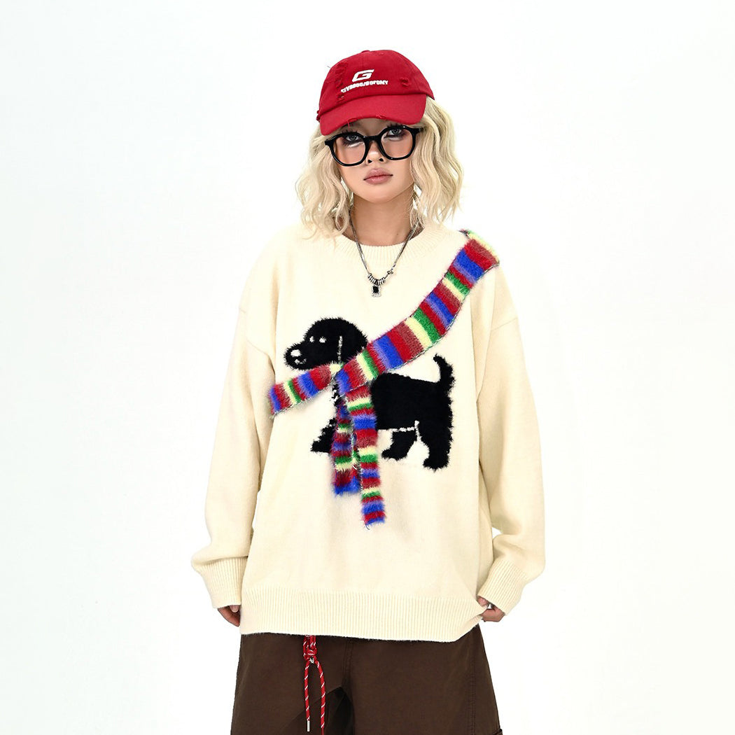 【トップス】スカーフデザイン 子犬モチーフ クルーネックニット ゆったり BF風 トレンドブランド ニットセーター【FCシリーズ】