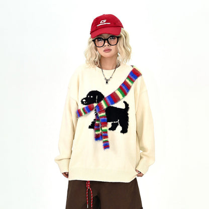 【トップス】スカーフデザイン 子犬モチーフ クルーネックニット ゆったり BF風 トレンドブランド ニットセーター【FCシリーズ】