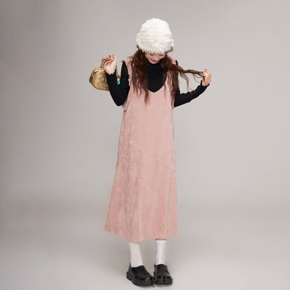 【ワンピース】秋冬 レディース 可愛い Vネックサロペットワンピ ピンク ゆったりノースリーブワンピース【JZシリーズ】