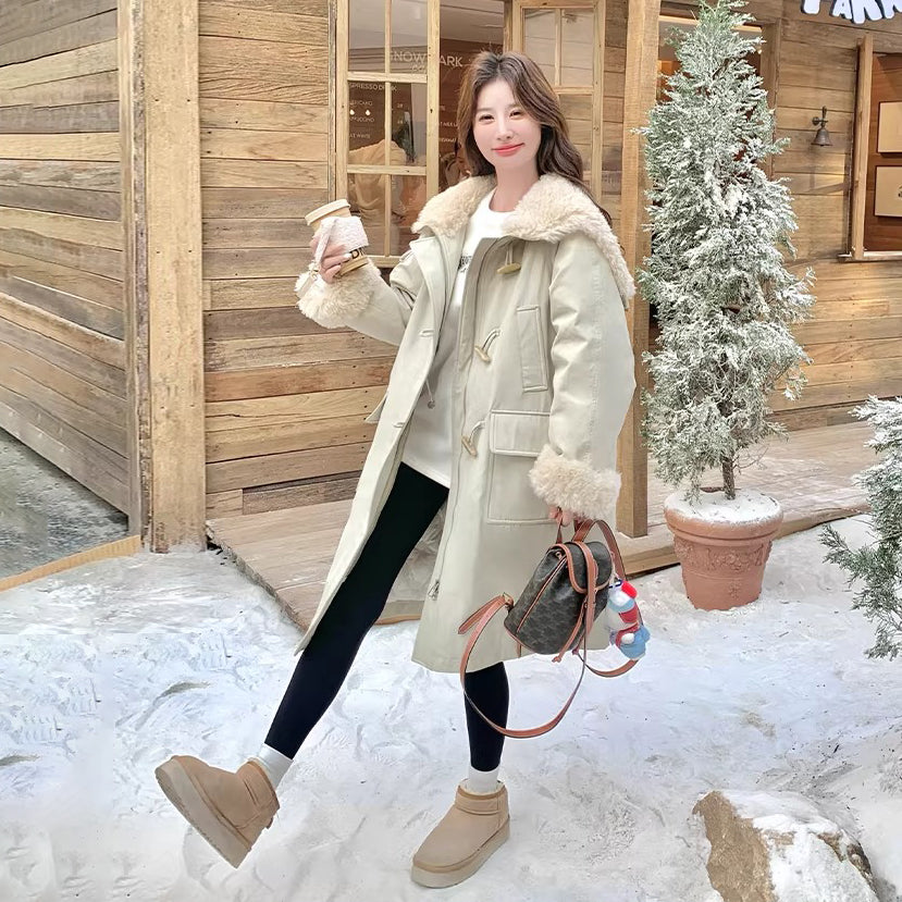 【アウター】大きめファーカラー ボアパーカー ダウンコート レディース 冬 トグルボタン ミディ丈【JZシリーズ】