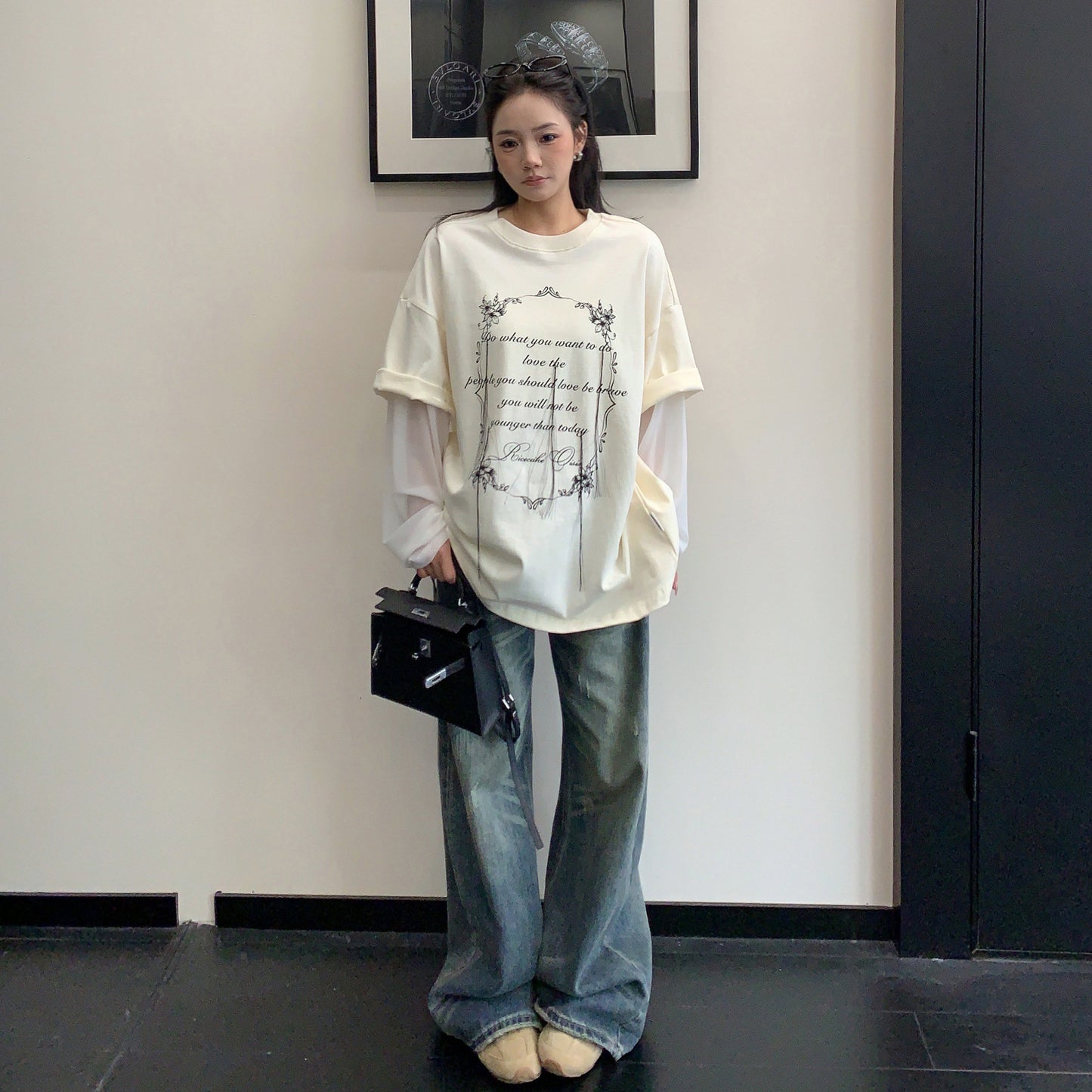 【トップス】フリンジ刺繍 Tシャツ レディース 夏 長袖 レイヤード風 ゆったり オーバーサイズ 人気 リラックスコーデ【FCシリーズ】