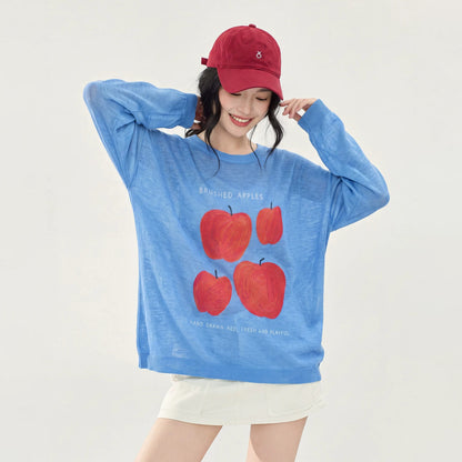 【トップス】🍎ブルーアップル柄ニットトップス レディース 秋新作 長袖 薄手 ゆったり 韓国風 Tシャツ【FCシリーズ】
