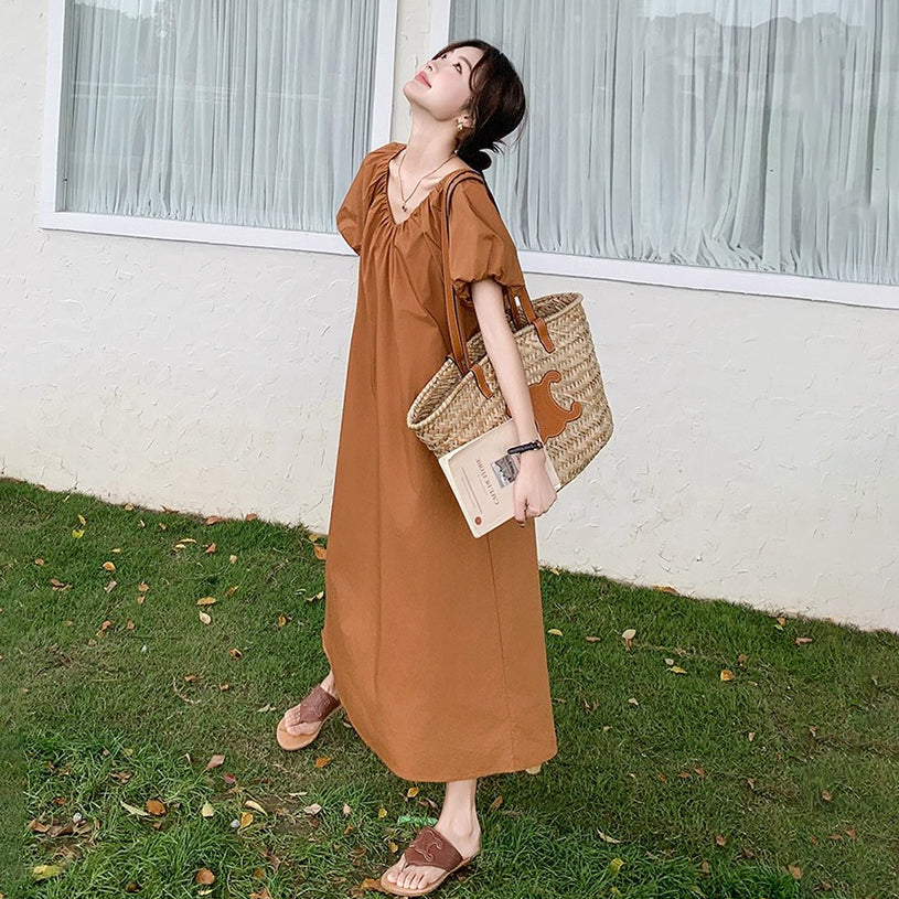 【ワンピース】フレンチ風半袖 ワンピース レディース Vネック 花びら袖 Aライン 夏  ゆったり 体型カバー【JZシリーズ】