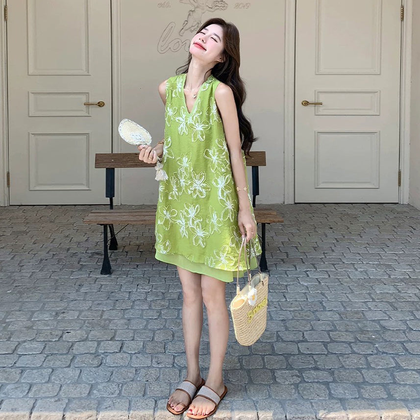 【ワンピース】立体 刺繍 フェイクレイヤード ノースリーブワンピース レディース 夏 Aライン 着痩せ 若見え 体型カバー【SHシリーズ】