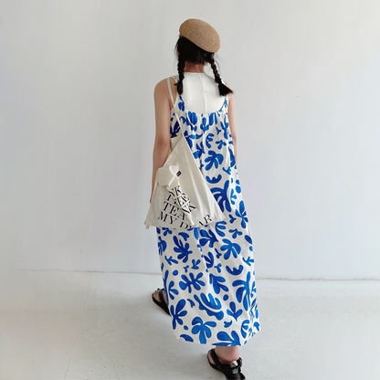 【ワンピース】リゾート風 ブルー花柄ワンピース レディース 夏 キャミワンピ ロング丈 ノースリーブ 大人上品 フェミニン【SHシリーズ】【15～20日内発送】