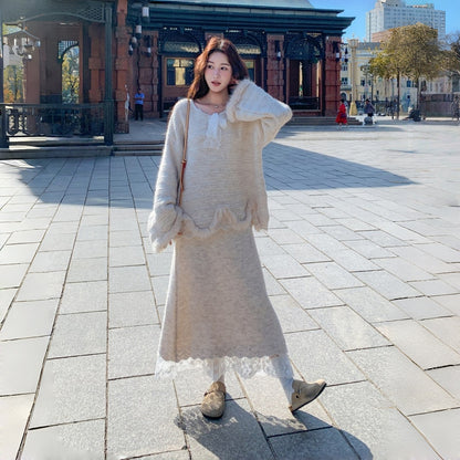 【セットアップ】韓国風 レース 気質よい 合わせやすい ニット生地 ニットセーター+スカート 2点セット【JZシリーズ】