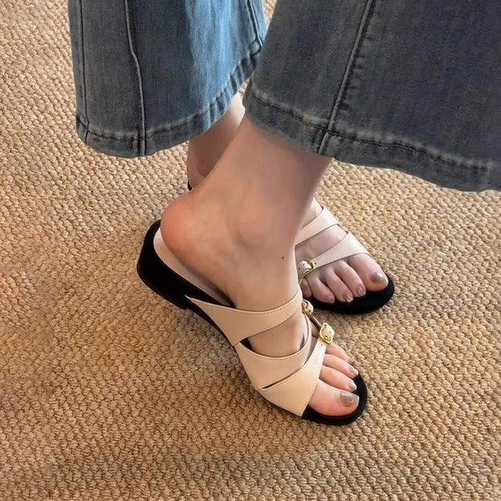 【シューズ】厚底ウェッジソール 一字ストラップサンダル フレンチ風 エレガントスリッパ