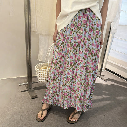 【ボトムス】春夏新作 気質 ゴムウエスト リゾート風 プリーツフラワー柄 スカート【SHシリーズ】