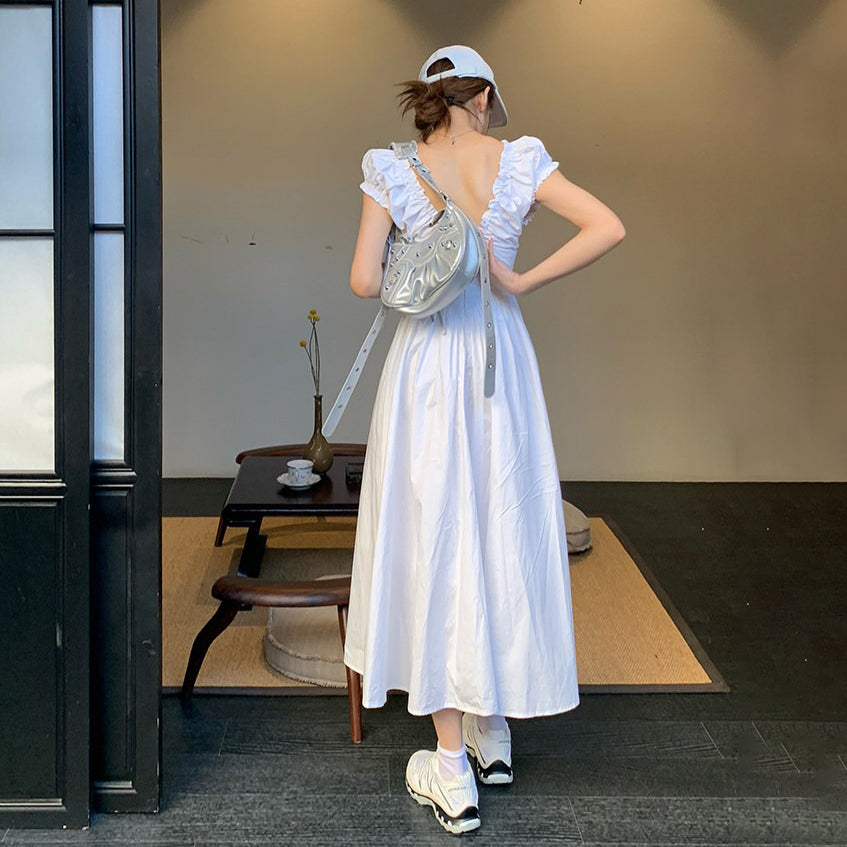 【ワンピース】バックデザイン Vネック 半袖ワンピース 夏新作 ウエストマーク フレンチ風 パフスリーブ モノトーン ロング丈【JZシリーズ】