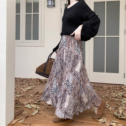 【ボトムス】脚長効果 お腹カバー レトロ柄 ロングスカート ゆったり Aライン フレアスカート【SHシリーズ】