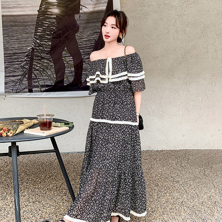 【ワンピース】オフショル花柄シフォン 半袖ワンピース レディース 夏 個性的で美しい エレガント 高級感 リゾート風ロングドレス【SHシリーズ】