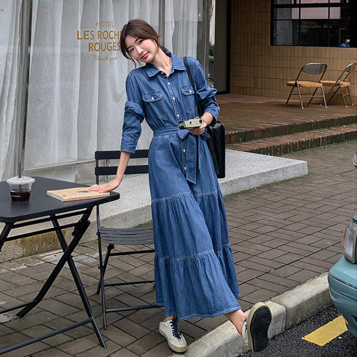 【ワンピース】高級感レトロ  デニム 長袖シャツワンピース 人気 ウエストマーク ロングワンピース【JZシリーズ】