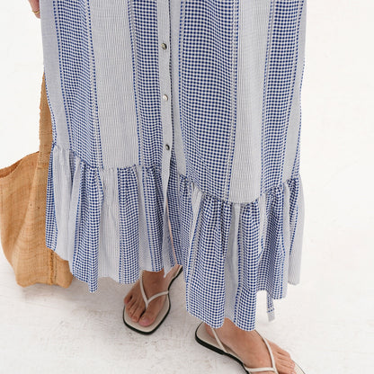 【ワンピース】【15～18日内発送】夏 ブルーストライプ Aライン ティードレス 半袖 ワンピース 【JZシリーズ】