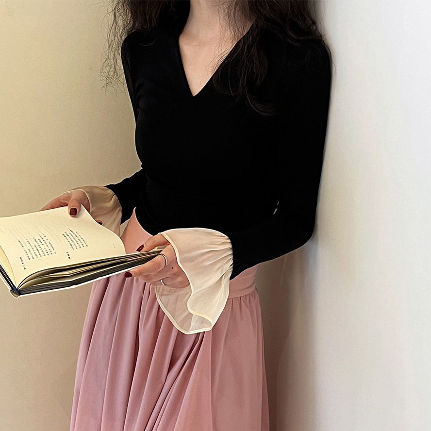 【トップス】春秋冬 Vネック ベルスリーブ 着痩せ ニットセーター【SNシリーズ】