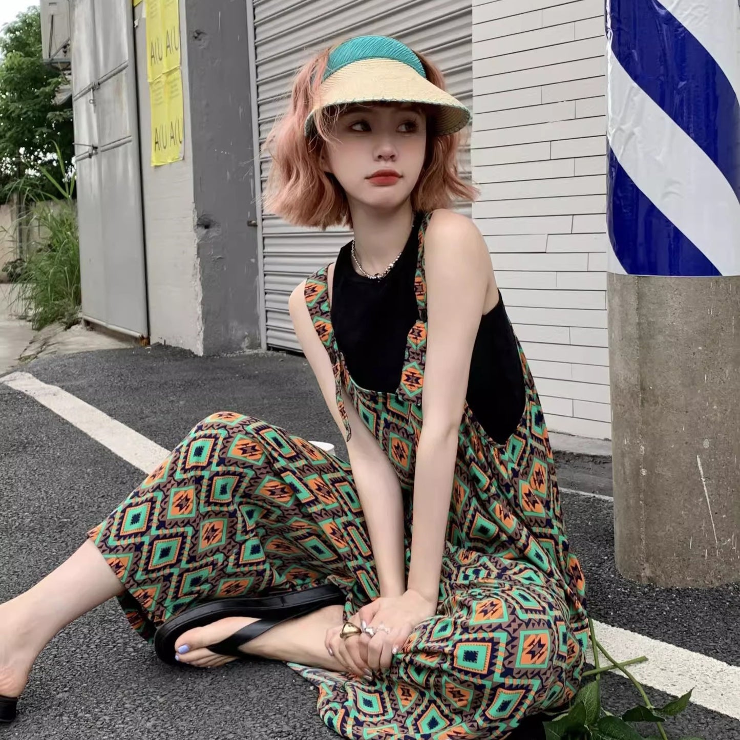 【ボトムス】夏新作 文芸ムードたっぷり 菱形チェック柄 オーバーサイズサロペットスカンツ オールインワン【SHシリーズ】