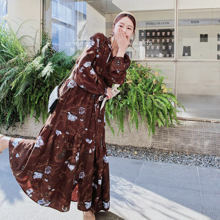 【ワンピース】配色花柄ワンピース 長袖 レディース ヴィンテージ風 ゆったりシルエット デザインロングドレス 春秋スタイル【SHシリーズ】