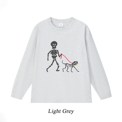 6カラー | S~3XL【トップス】スカル犬 散歩プリント Tシャツ 長袖 ユニセックス ペットオーナー向け カジュアル【FCシリーズ】
