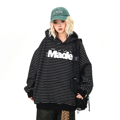 【トップス】タオル刺繍 ロゴ ボーダー パーカー オーバーサイズ アメリカンカジュアル レディース【FCシリーズ】