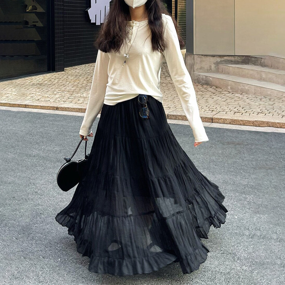 【ボトムス】春夏新作 レディース シフォンロングスカート ハイウエスト 体型カバー 切り替え ティアードスカート リゾート風【JZシリーズ】