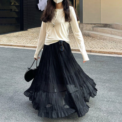 【ボトムス】春夏新作 レディース シフォンロングスカート ハイウエスト 体型カバー 切り替え ティアードスカート リゾート風【JZシリーズ】