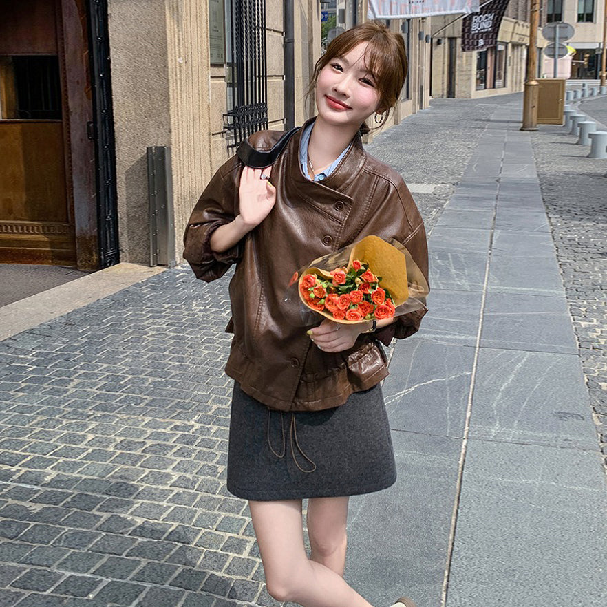 【アウター】メラード ブラウン レザージャケット レディース 春秋 上質感 ストリート系 ショートジャケット【JZシリーズ】