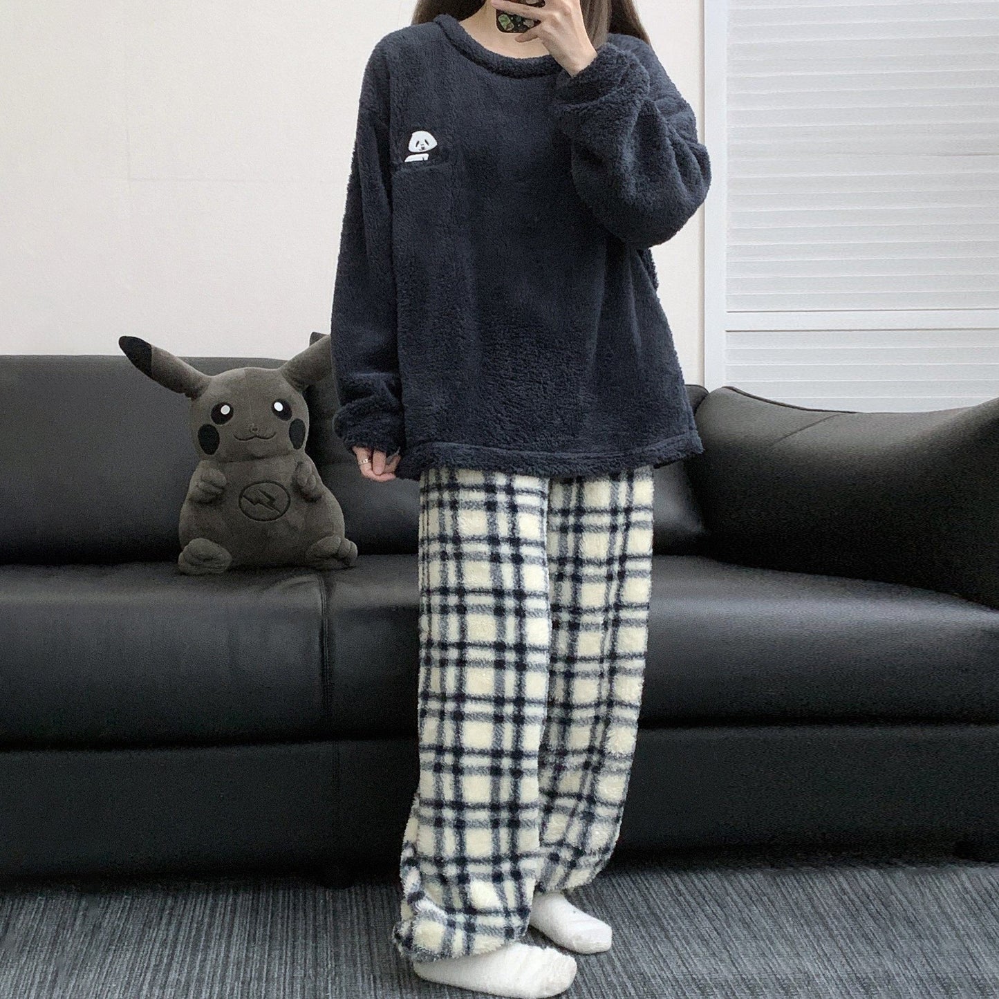 【インナー】チェック柄 パンダ コーラルフリース 厚手 保温 フランネル ルームウェア レディース/メンズ ペア対応 冬