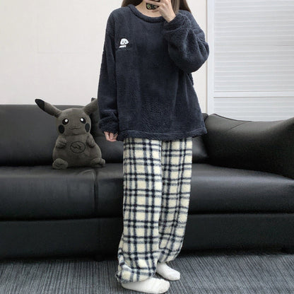 【インナー】チェック柄 パンダ コーラルフリース 厚手 保温 フランネル ルームウェア レディース/メンズ ペア対応 冬