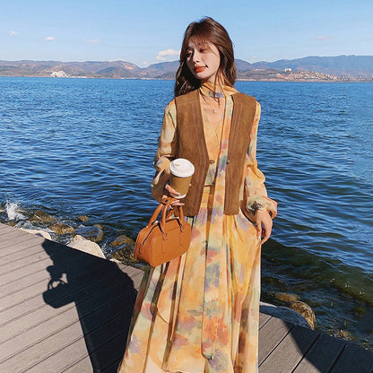 【セットアップ】ベスト付き 花柄フレア 長袖ワンピース セット 春秋 海辺リゾート 高級感【SHシリーズ】