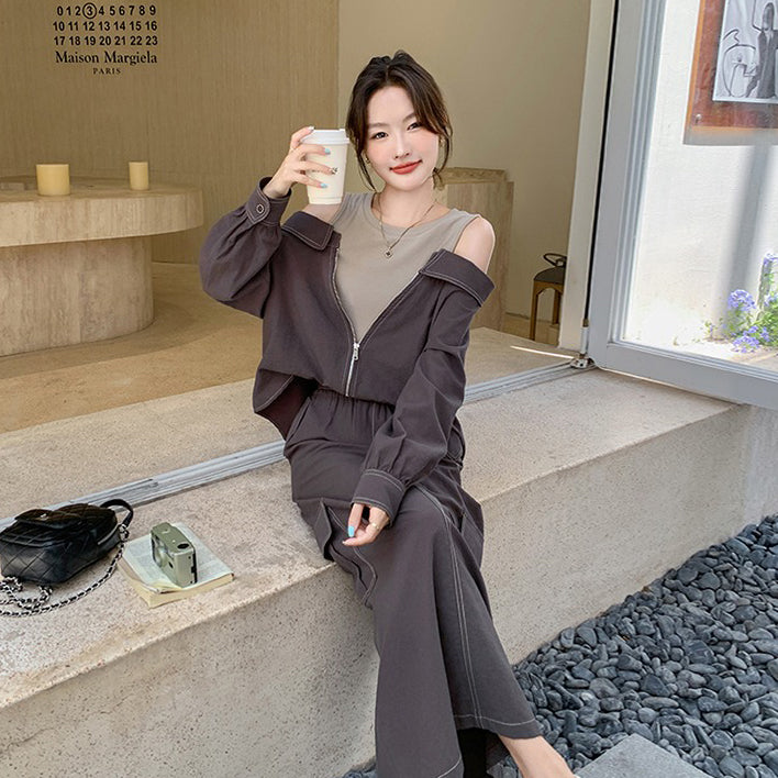 2点セット！【セットアップ】韓国風シック オフショルダー トップス+