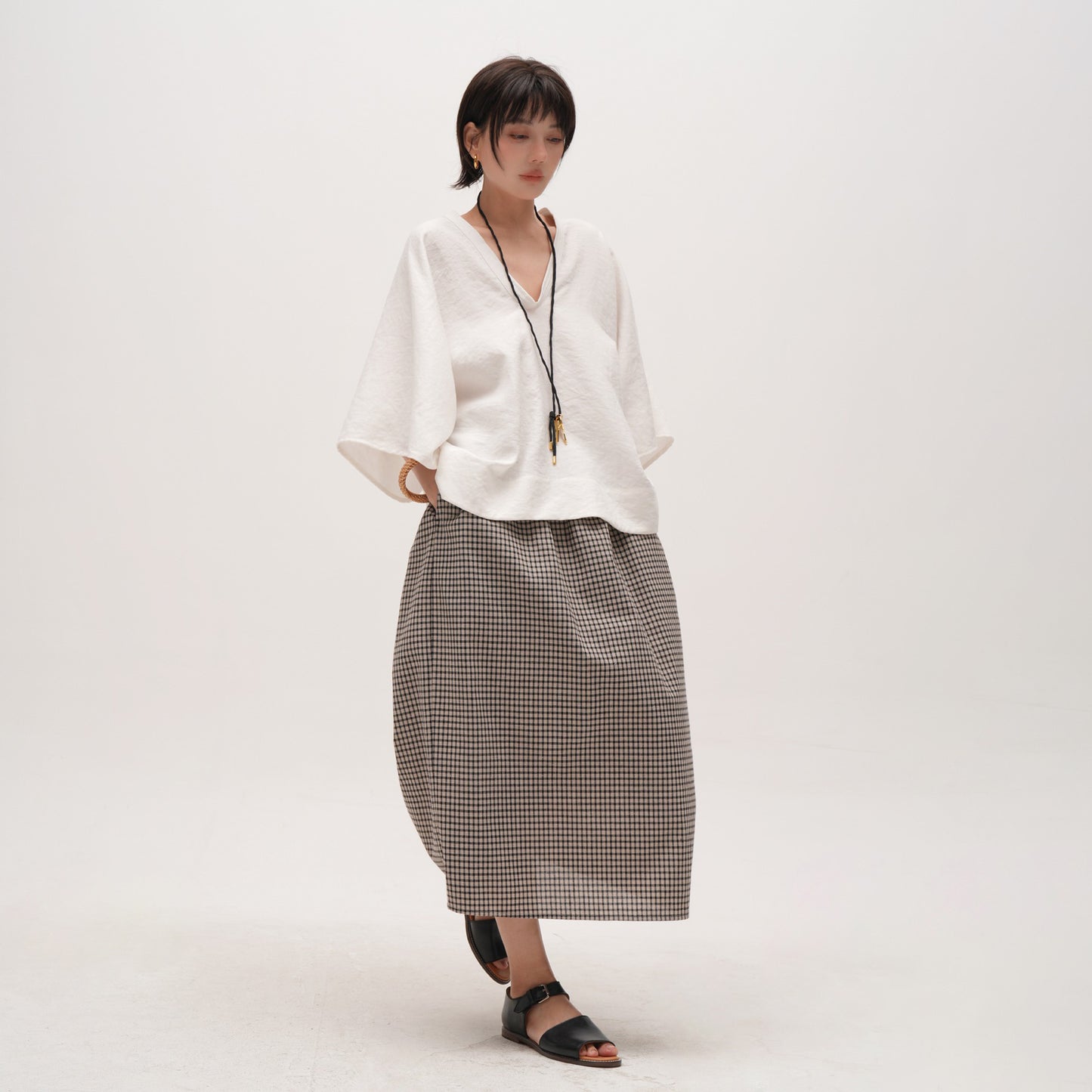 【ボトムス】ゆったり 体型カバー 大きいサイズ ミディアム丈 ロングスカート チェック柄 バルーン ストレート スカート【SHシリーズ】【JZシリーズ】