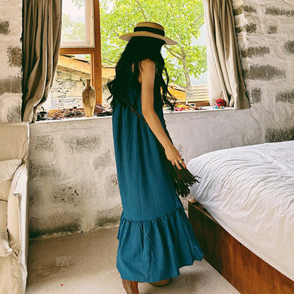 【ワンピース】ビーチリゾート 夏 ヴィンテージ風 ゆったり 無地ノースリーブワンピース【JZシリーズ】