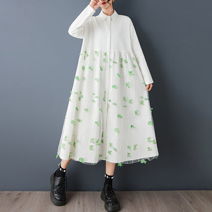 【ワンピース】花柄チュール切替シャツワンピース レディース 春秋新作 大きいサイズ ゆったり 長袖 大人可愛い【SHシリーズ】