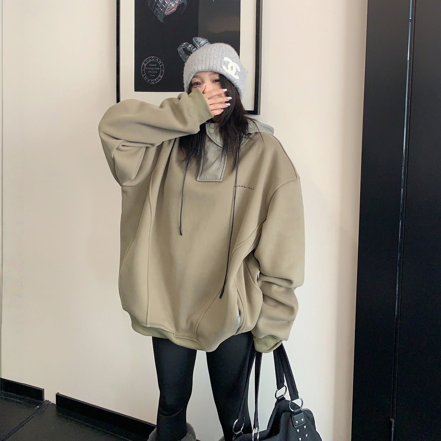 【トップス】裏起毛 春 秋 冬 切り替え ルーズ フード付きパーカー  【FCシリーズ】