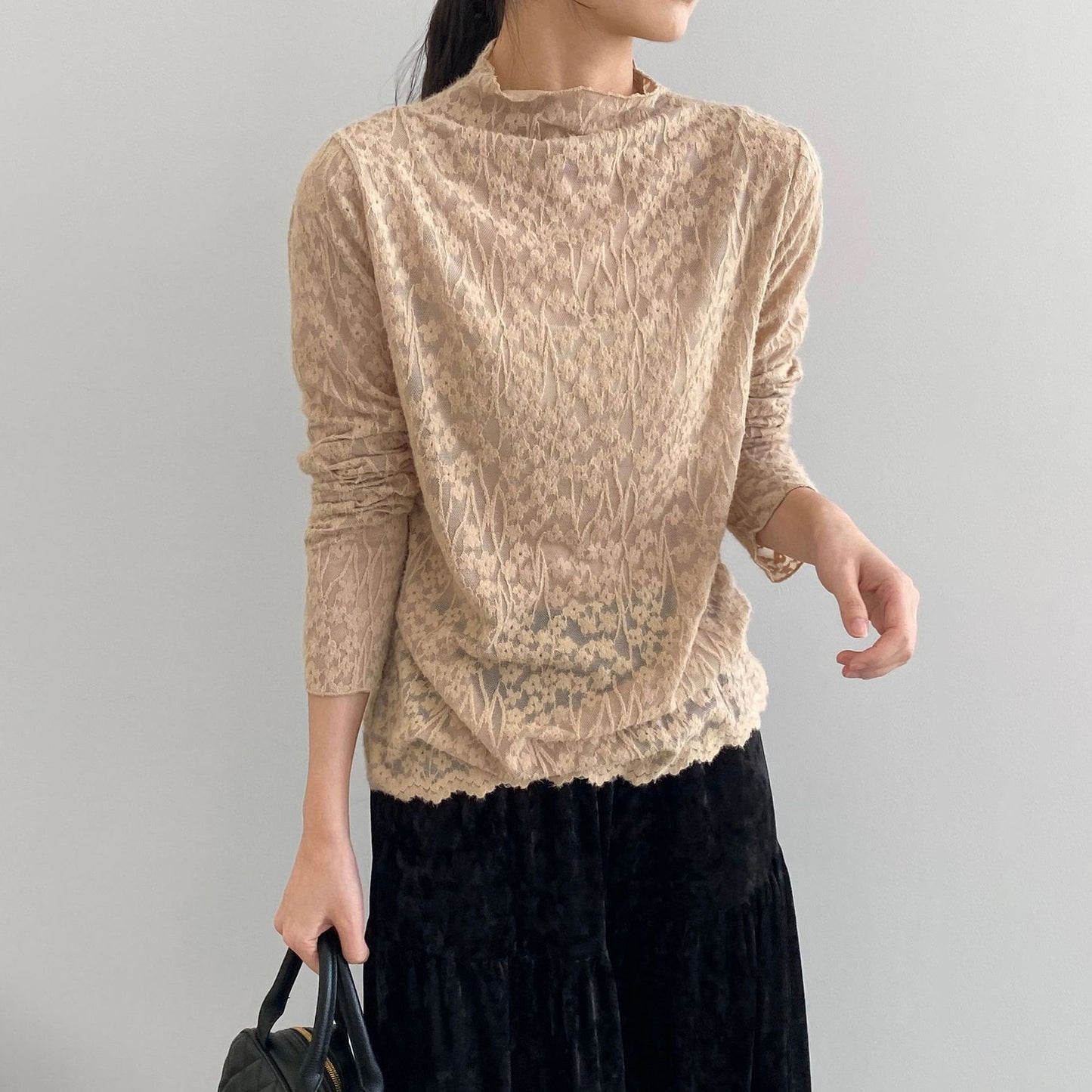 5カラー【トップス】韓国風オフィスカジュアル 大人可愛い レースインナー レディース ハーフハイネック テクスチャー感 Tシャツ【JZシリーズ】