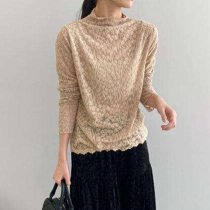 5カラー【トップス】韓国風オフィスカジュアル 大人可愛い レースインナー レディース ハーフハイネック テクスチャー感 Tシャツ【JZシリーズ】