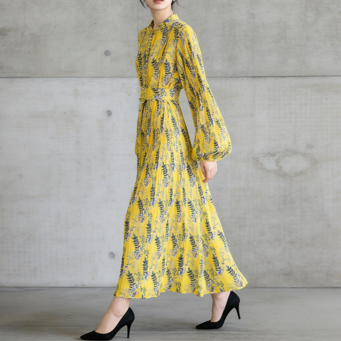 【ワンピース】スタンドカラー リボン付き Aライン プリント プリーツ 長袖 ワンピース 【SHシリーズ】