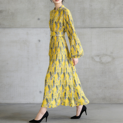 【ワンピース】スタンドカラー リボン付き Aライン プリント プリーツ 長袖 ワンピース 【SHシリーズ】