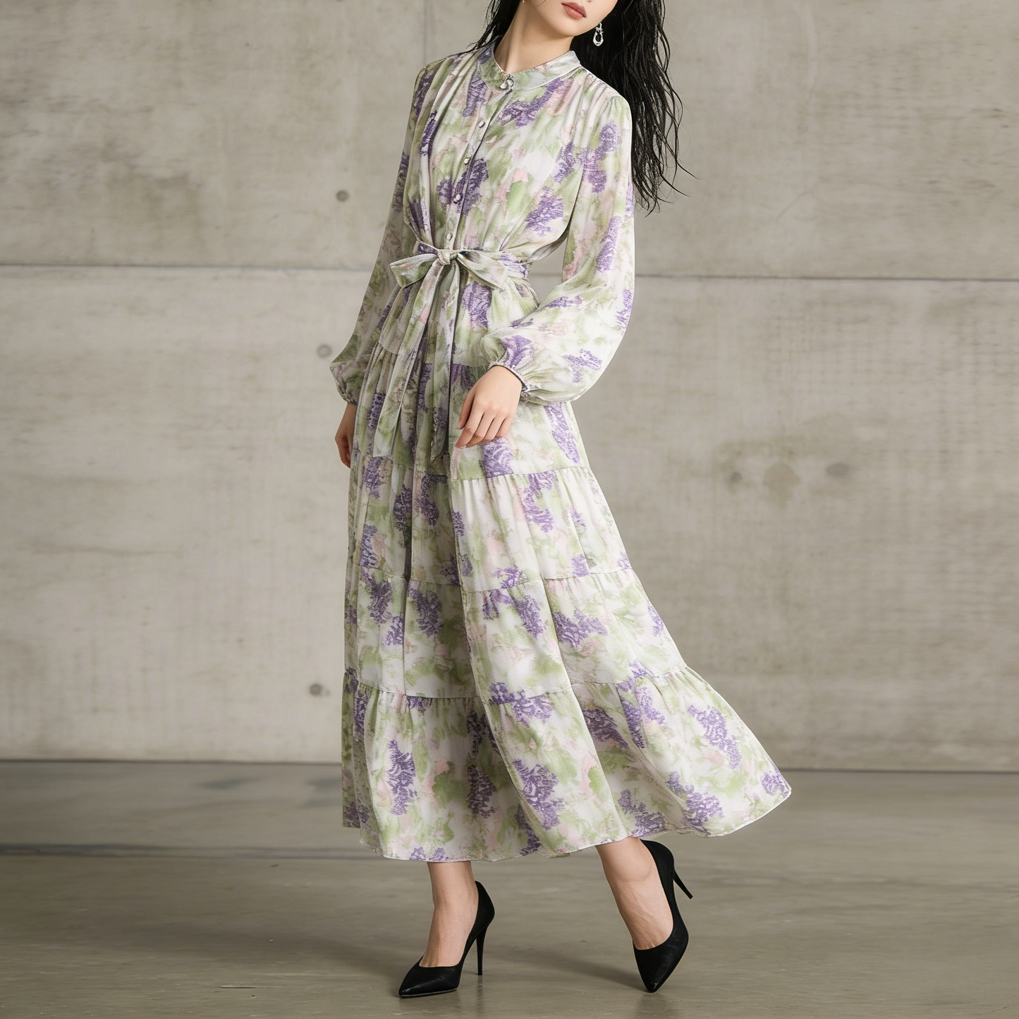 【ワンピース】シフォン フェミニン ウエスト切り替え 長袖 ワンピース【SHシリーズ】