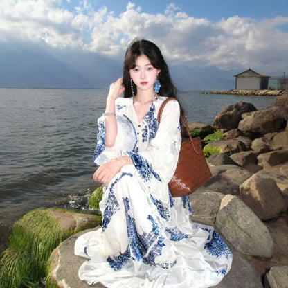 【ワンピース】チャイナテイスト ブルーホワイト柄 フリル フレア 長袖 ワンピース 【SHシリーズ】