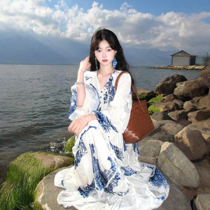【ワンピース】チャイナテイスト ブルーホワイト柄 フリル フレア 長袖 ワンピース 【SHシリーズ】