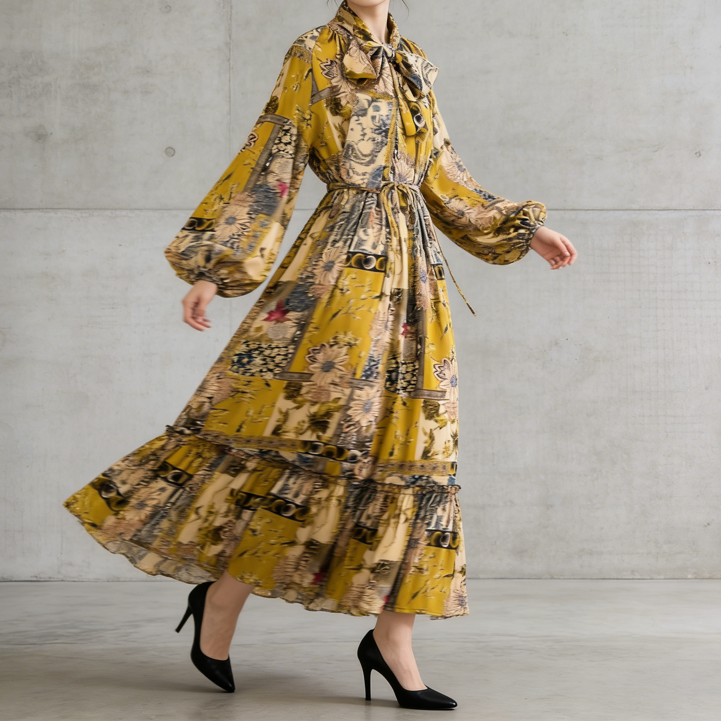 【ワンピース】レトロ風 長袖 リボン付き ウエストマーク Aライン 花柄プリント ランタンスリーブ ワンピース エレガント ロングワンピース レディース【SHシリーズ】