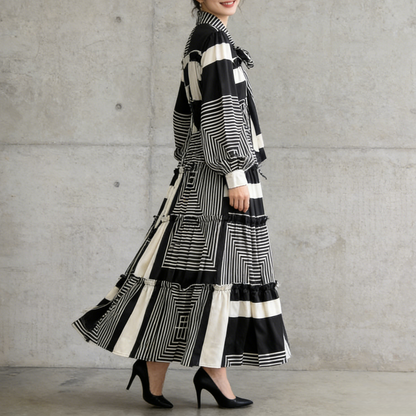 【ワンピース】シングルボタン プリント レディライク フレア 長袖 ワンピース 【SHシリーズ】