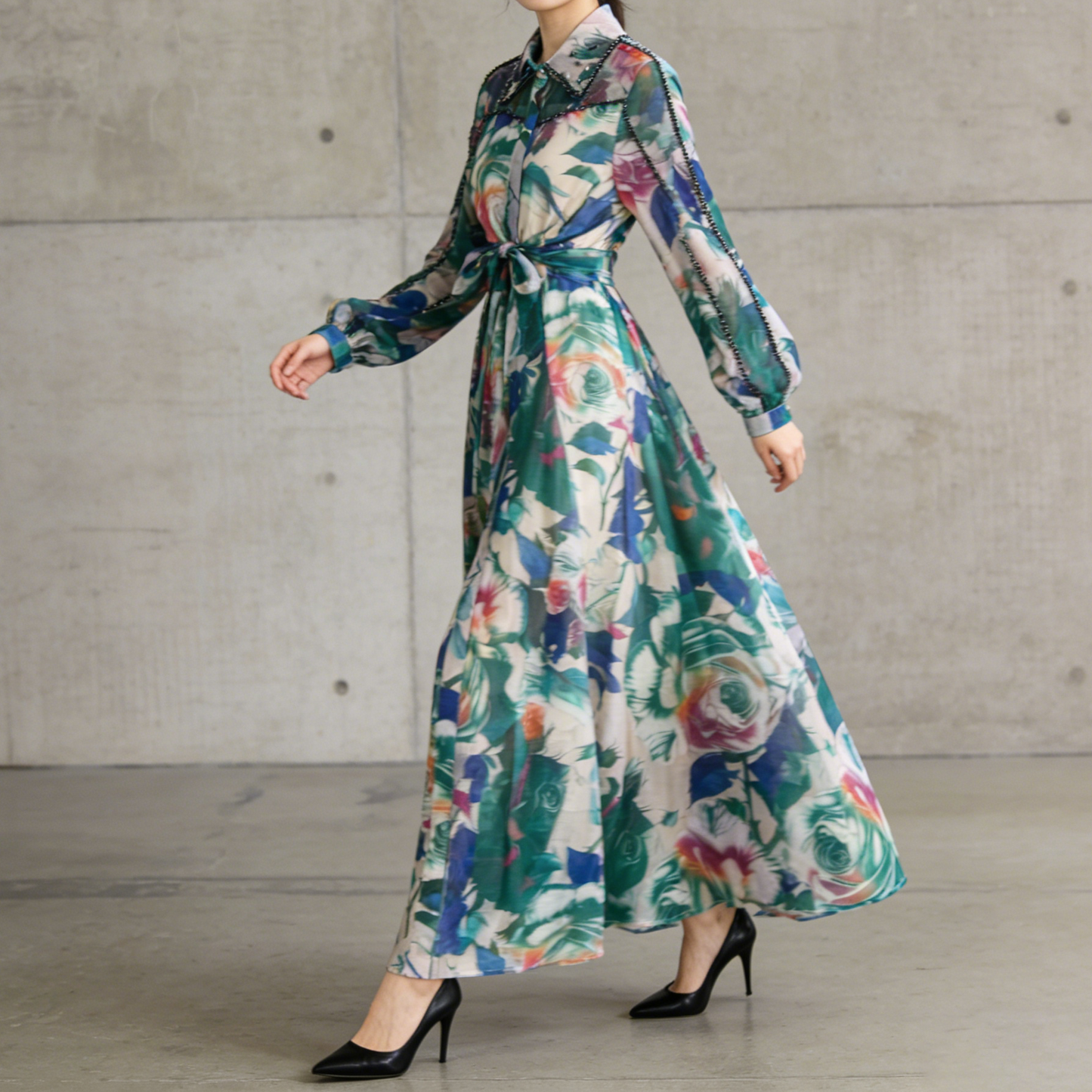 【ワンピース】フレンチエレガント ビジュー装飾 長袖 襟付き ウエストマーク 体型カバー 花柄 フレア ロングワンピースレディース
【SHシリーズ】