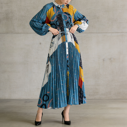 【ワンピース】ラウンドネック サテン プリント プリーツ 長袖 ワンピース 【SHシリーズ】