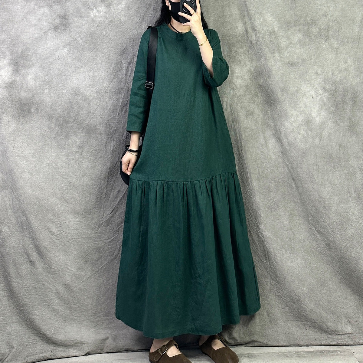 【ワンピース】コットンリネン 切り替え ゆったり 長袖  ワンピース 【JZシリーズ】
