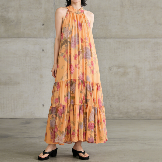 【ワンピース】リゾート ホルターネック バックオープン シフォン フレア ノースリーブ ビーチワンピース 【SHシリーズ】